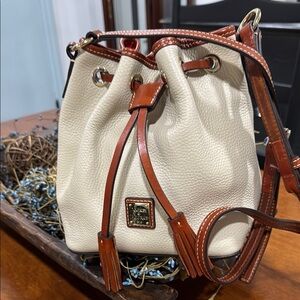 Dooney & Bourke Bone and Brown HOBO Pebble Leather Shoulder with Drawstring